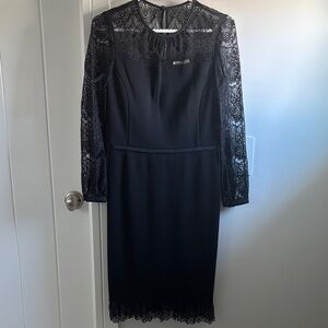 Tory Burch Elegant Black Wool Dress with Lace Long Sleeves